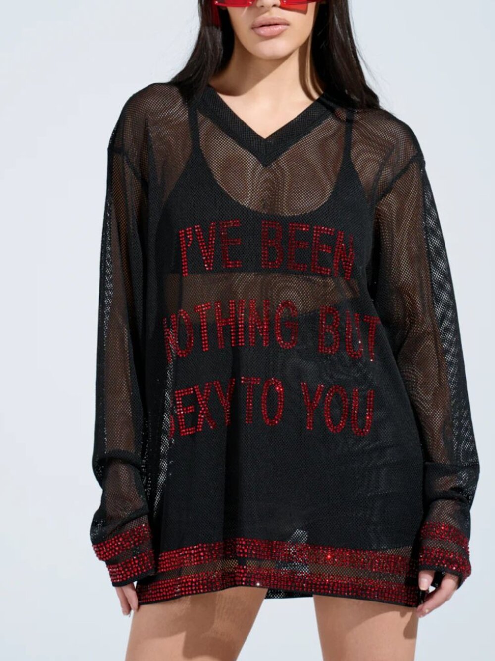 Akira I Have Been Nothing But Sexy To You Sheer Mesh Rhinestone Embellished Top
